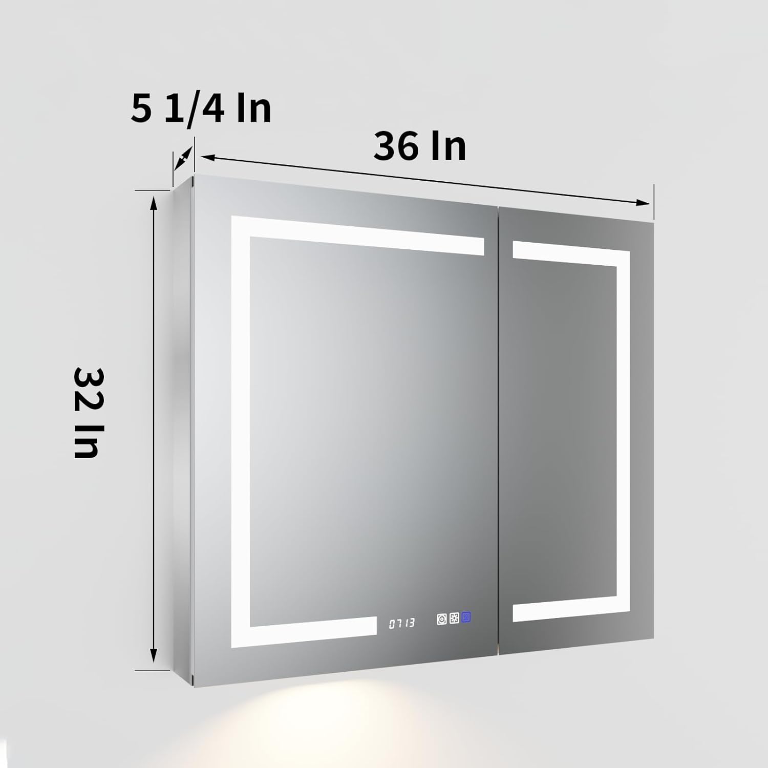 ExBrite Botiquín de baño con iluminación LED con espejo, 36 x 32 pulgadas, botiquín empotrado o de superficie, reloj, pantalla de temperatura