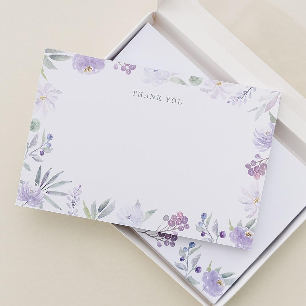 Tarjetas de agradecimiento florales moradas de 4 x 6 pulgadas con sobres, paquete de 20 tarjetas de notas florales en blanco con sobres, tarjetas de