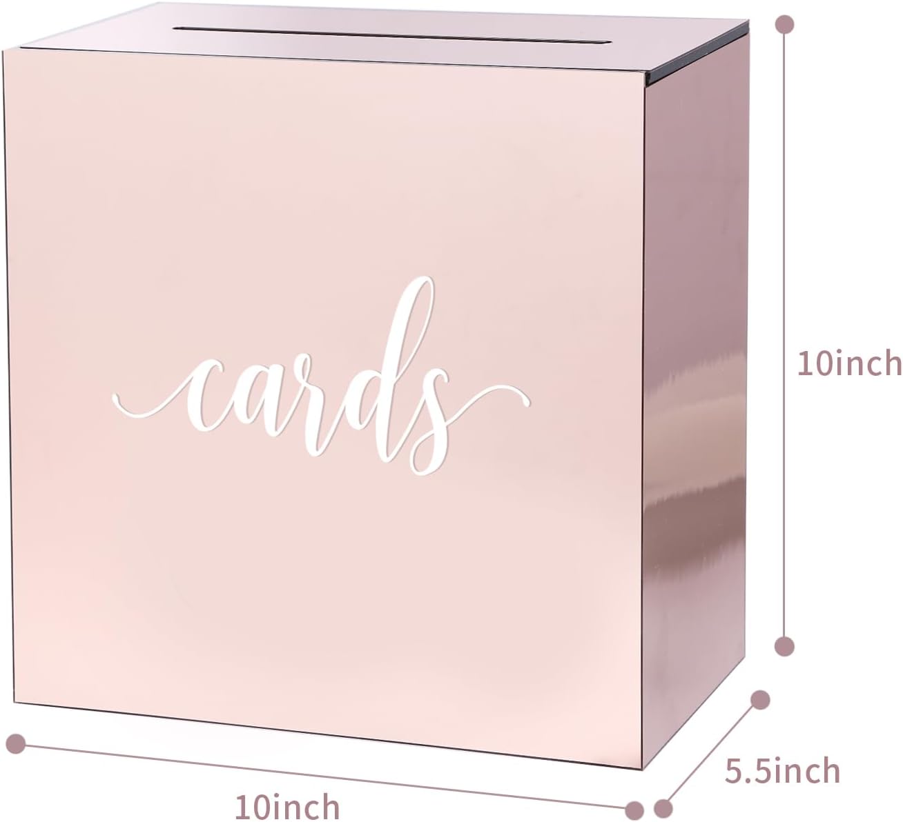 UNIQOOO Caja de tarjetas de boda de acrílico con espejo de oro rosa metálico con ranura, grande de 10 x 10 x 5.5 pulgadas con impresión blanca
