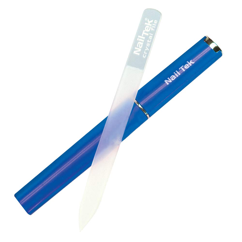 Nail Tek Lima de cristal de doble cara con estuche compañero azul cobalto, lima mediana de 5 pulgadas, lima profesional para manicura y pedicura,