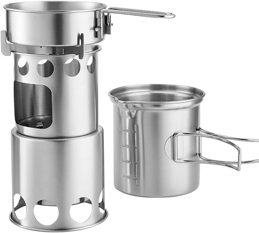 Juego de utensilios de cocina portátiles con estufa, juego de cocina de acero inoxidable, ligero, olla de cocina de supervivencia, kit de cocina
