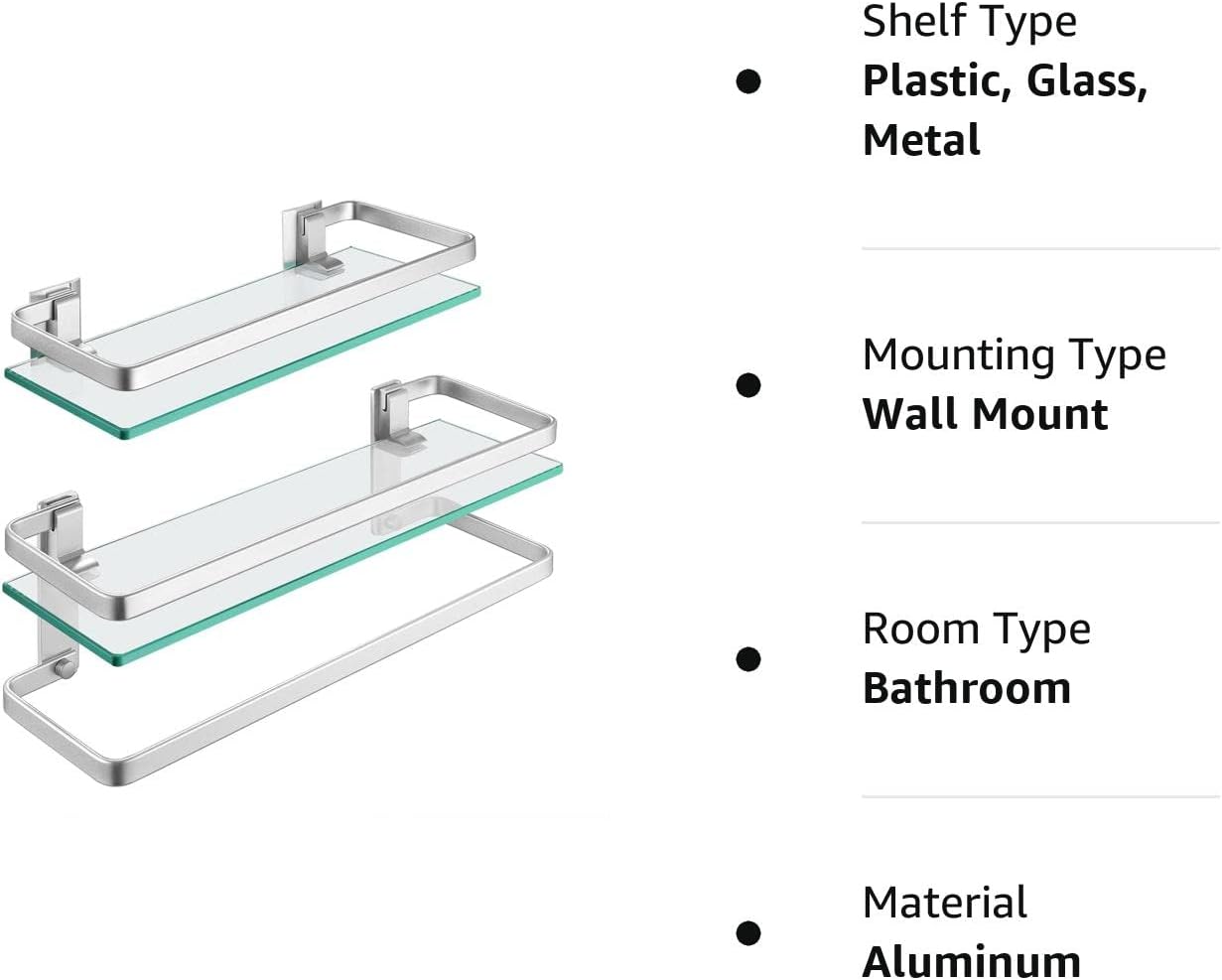 KES Estante de baño de vidrio, estantería de vidrio para pared, estante de baño con barra de esquina, estante rectangular montado en la pared a
