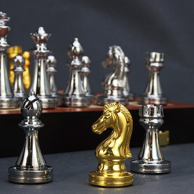 MaGILL Juego de ajedrez internacional de ajedrez de madera, tablero de ajedrez plegable grande con piezas de ajedrez de metal dorado y plateado con