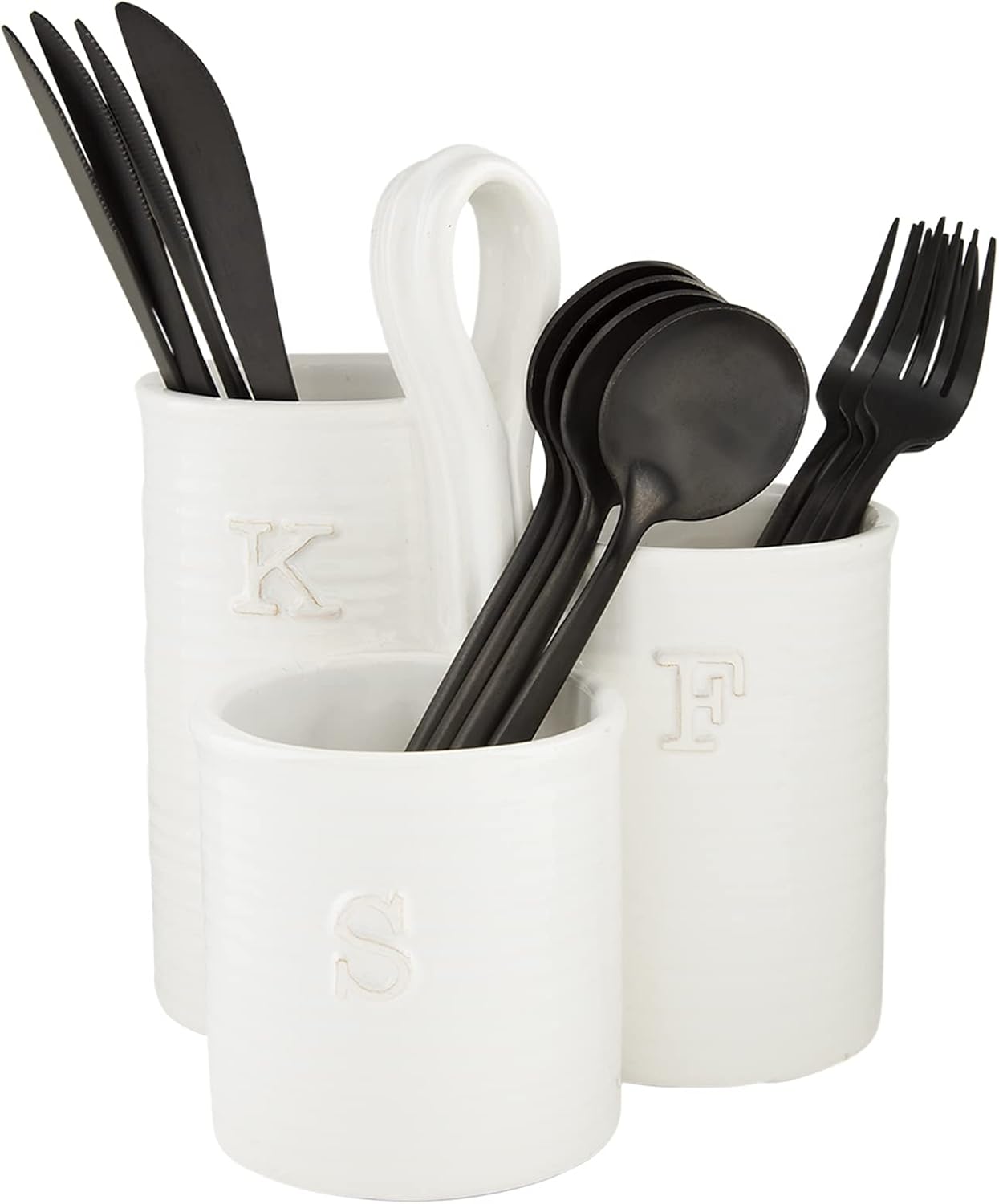 Mud Pie Tenedor, Cuchillo y Cuchara Soporte para Utensilios, Blanco, 8″ x 7″ diámetro