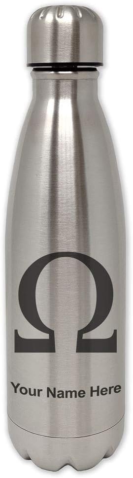 LaserGram Botella de agua de acero inoxidable de una sola pared, símbolo Omega, grabado personalizado incluido