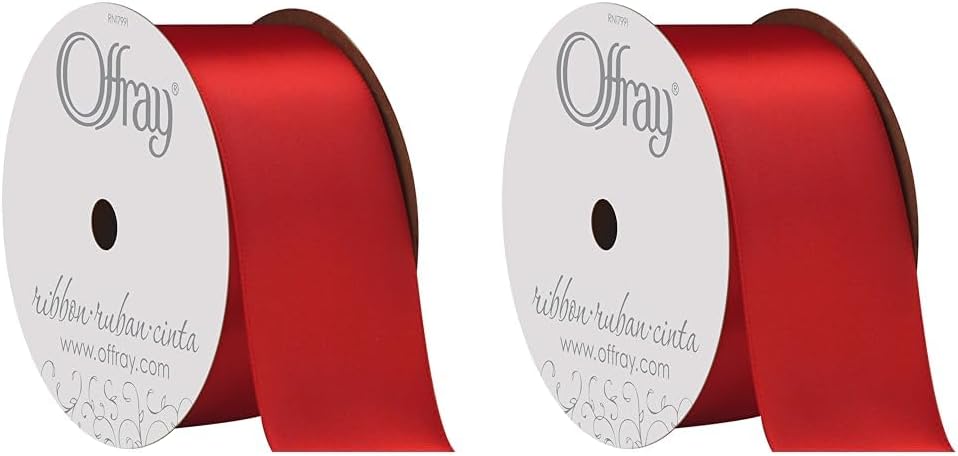 Berwick Offray 284933 – Cinta de satén de doble cara de 1.5 pulgadas de ancho, color rojo, 3 yardas (paquete de 2)