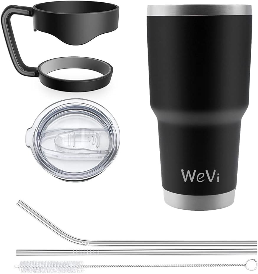 Wevi – Vaso con tapa y pajilla, vaso de acero inoxidable de 30 onzas para bebidas calientes y frías, vaso de café con asa, cepillo de limpieza y 2