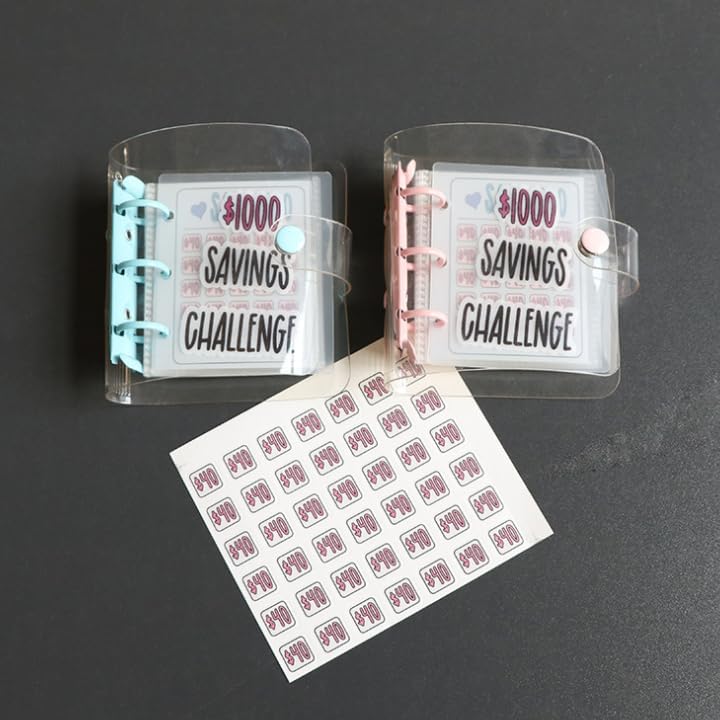 Carpeta de desafío de ahorro 1000 mini, libro de desafíos de ahorro mensual con sobres, carpeta de presupuesto con sobres para efectivo, color azul