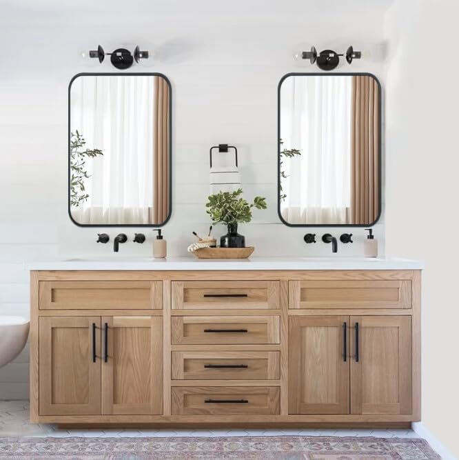 Espejo de baño grande con marco de metal para pared, rectángulo redondeado que se cuelga horizontal o verticalmente, espejo para baño, tocador,