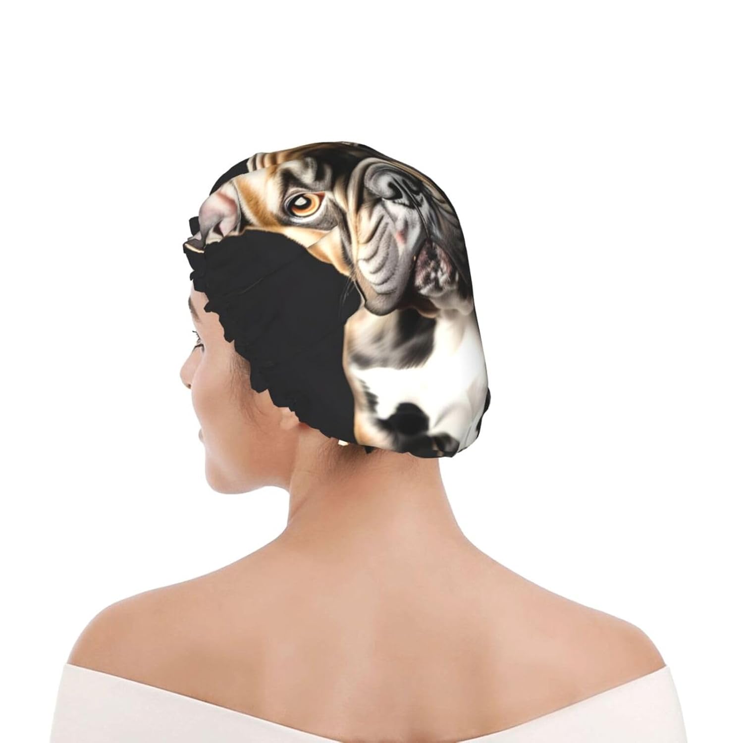 Long Ears French Bulldog Shower Cap For Women, Elastic And Reusable,Double Waterproof Layers Bathing Hat