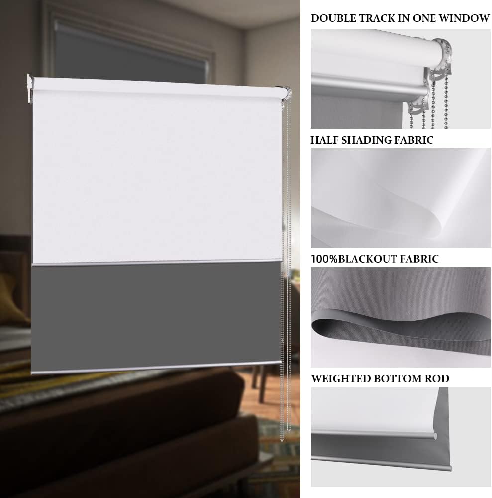 LUCKUP Persianas enrollables dobles para ventanas, color gris oscuro, persianas 100 % opacas y blanco 50% tela filtrante de luz en una pista de