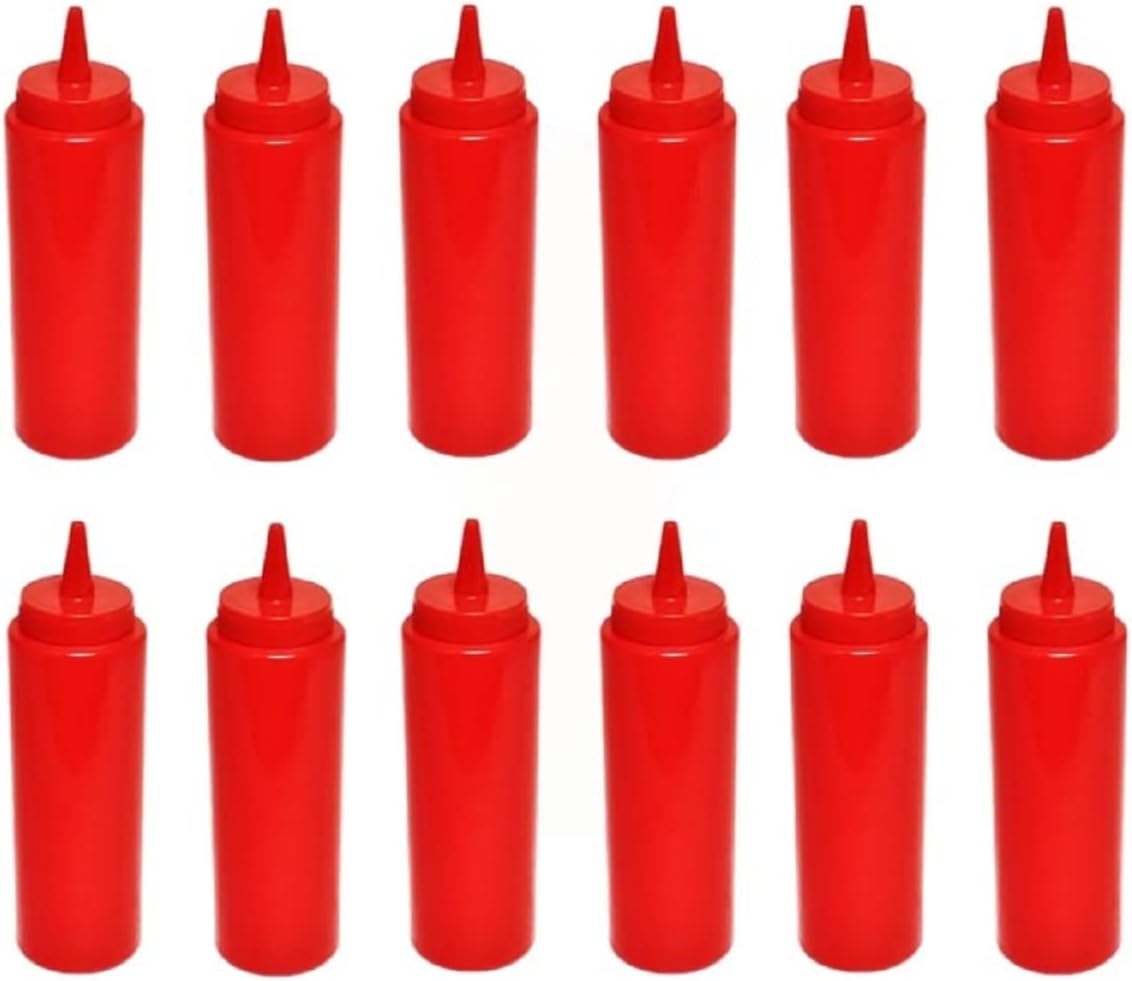 -Juego de 12 botellas dispensadoras de condimentos exprimibles de 8 onzas rojas- Botella de plástico para salsas para untar, salsa de tomate y