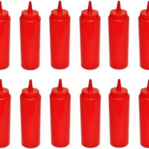 -Juego de 12 botellas dispensadoras de condimentos exprimibles de 8 onzas rojas- Botella de plástico para salsas para untar, salsa de tomate y -Juego de 12 botellas dispensadoras de condimentos exprimibles de 8 onzas rojas- Botella de plástico para salsas para untar, salsa de tomate y