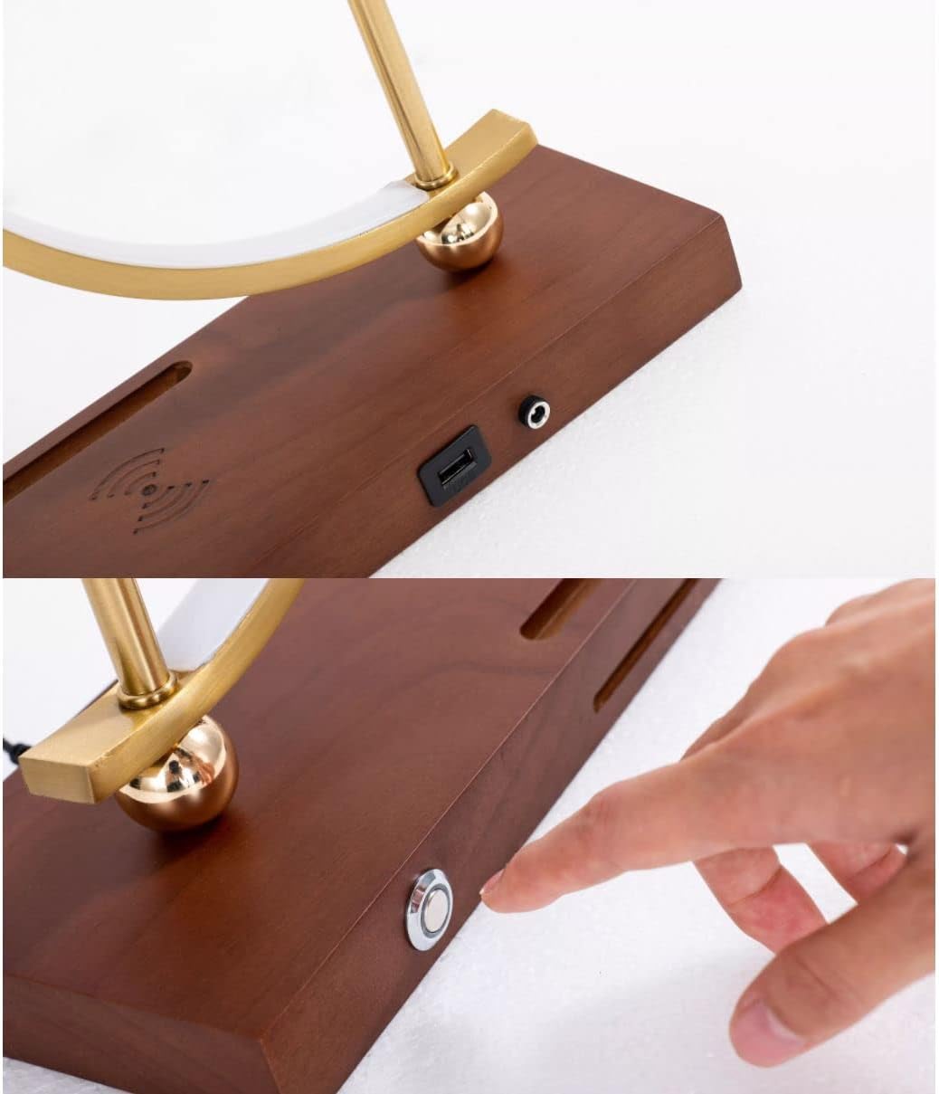 Reloj ‘Golden Time’  Lámpara de mesa  Qi inalámbrico y cargador USB para el hogar, oficina y hotel, reloj analógico dorado con manecillas de madera,