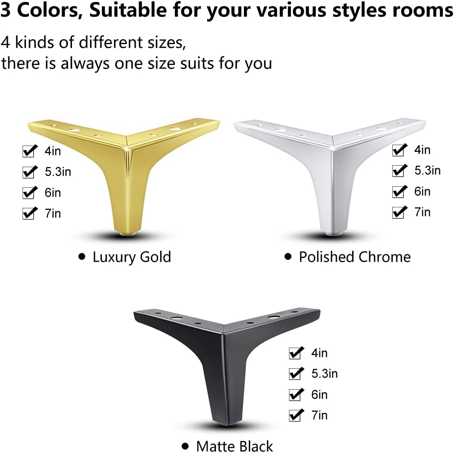GOSCHE Juego de 4 patas de metal para muebles de 4 pulgadas, patas de sofá plateadas pulidas cromadas, patas triangulares de repuesto de estilo