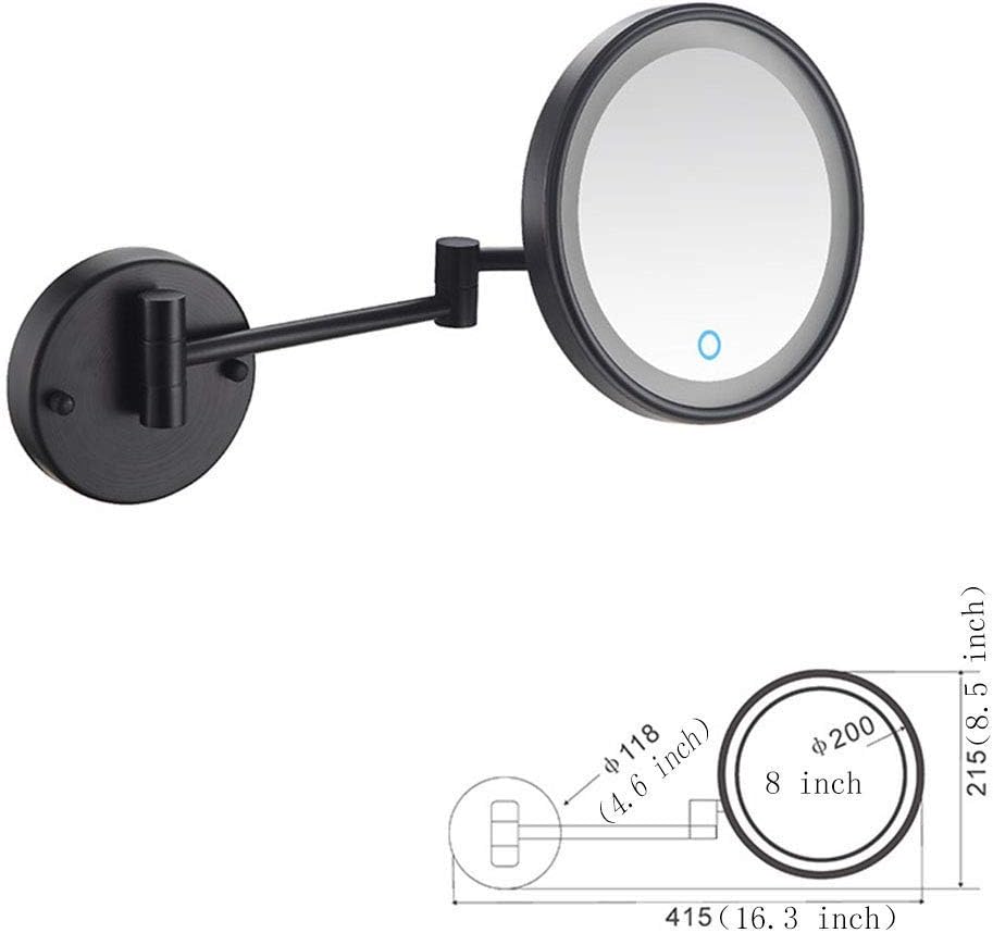 FORTTS Espejo de maquillaje montado en la pared de 8 pulgadas, espejo de maquillaje con luces LED, pantalla táctil, de un solo lado, giratorio de