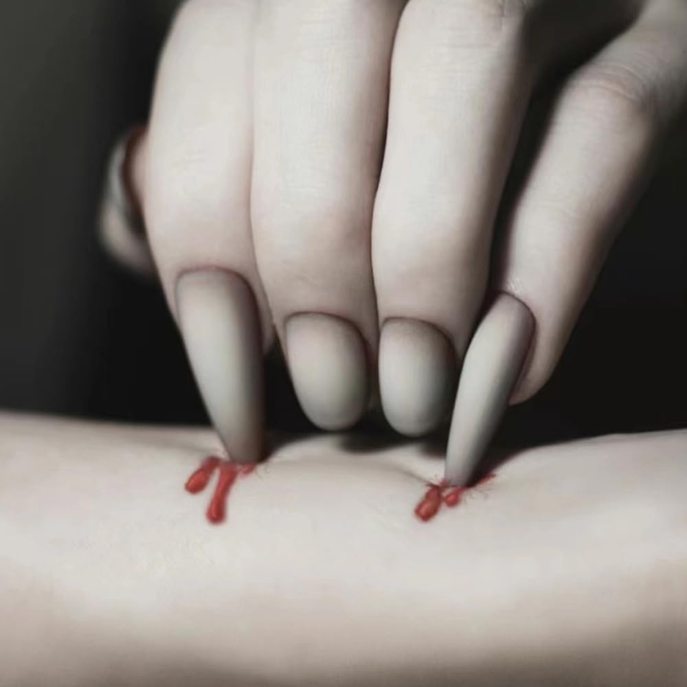 Uñas postizas a presión de Halloween, uñas postizas aterradoras con diseños de dientes de vampiro, uñas acrílicas de almendra y forma redonda, uñas