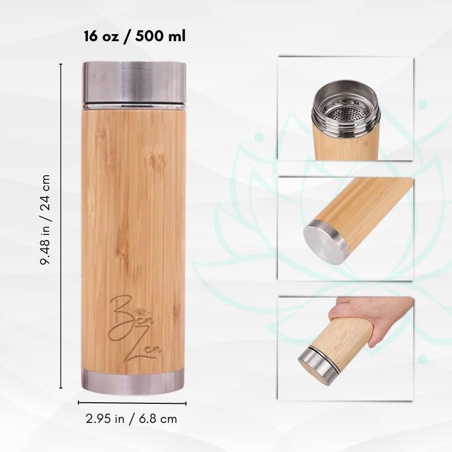 BenZen Vaso de té de bambú con colador, botella térmica de acero inoxidable con aislamiento térmico que mantiene el calor y el frío durante 12