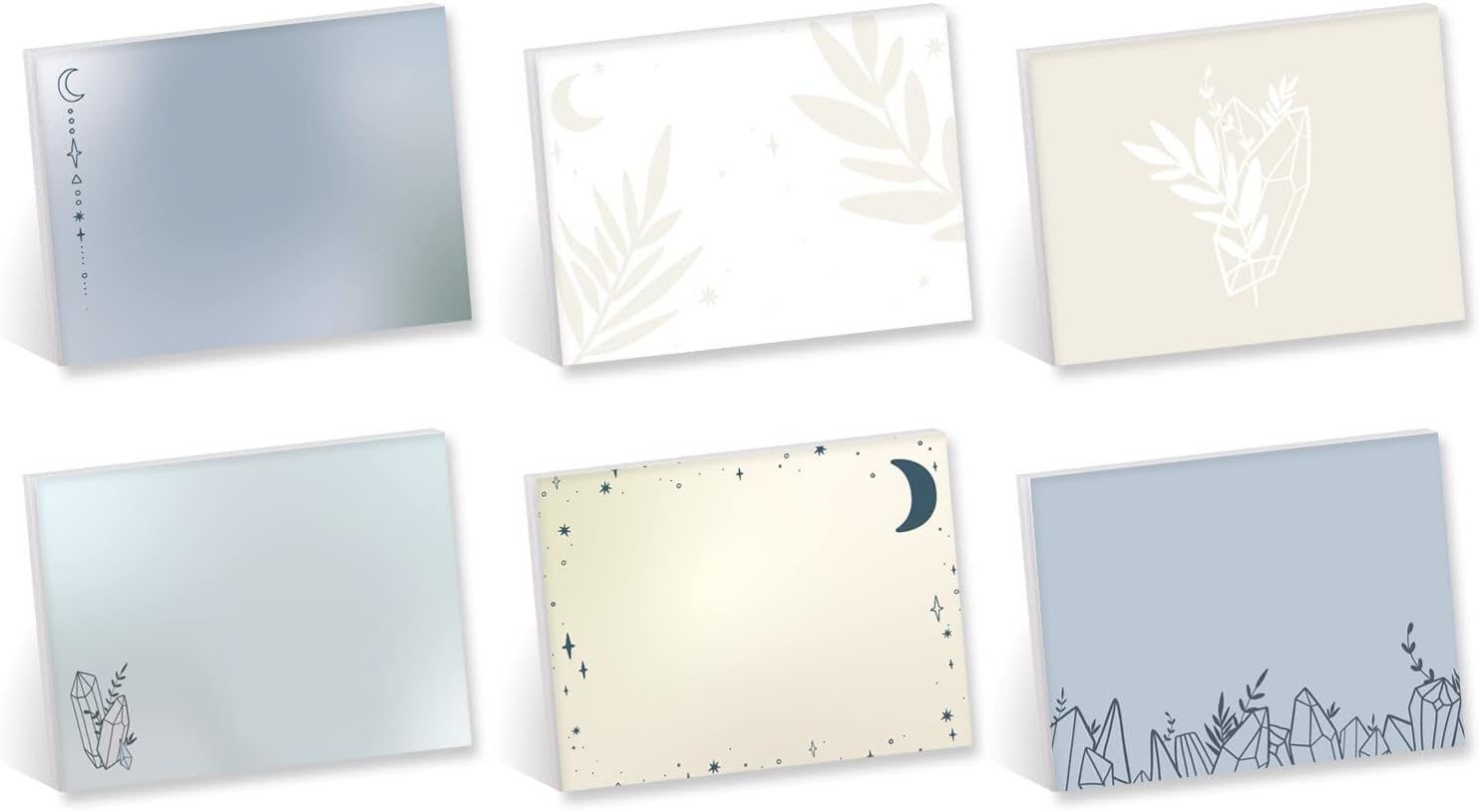 Boho Crystal Magic Sticky Note Surtido  4 x 3 pulgadas Blue Tan reposicionables Notas adhesivas  Juego de 6 almohadillas femeninas de sol y luna