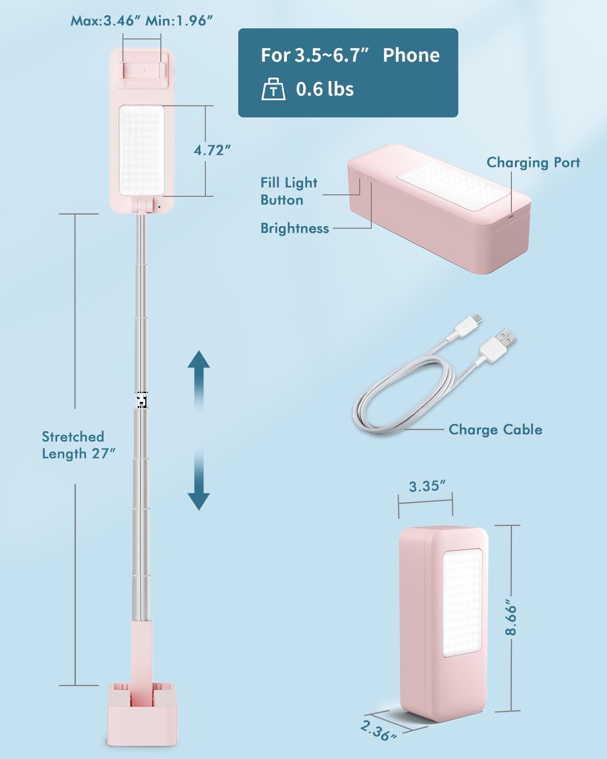 Viozon Soporte extensible para teléfono selfie, montaje superior, luz para selfie, rotación de 360, recargable, inalámbrico, plegable, 5 brillos y