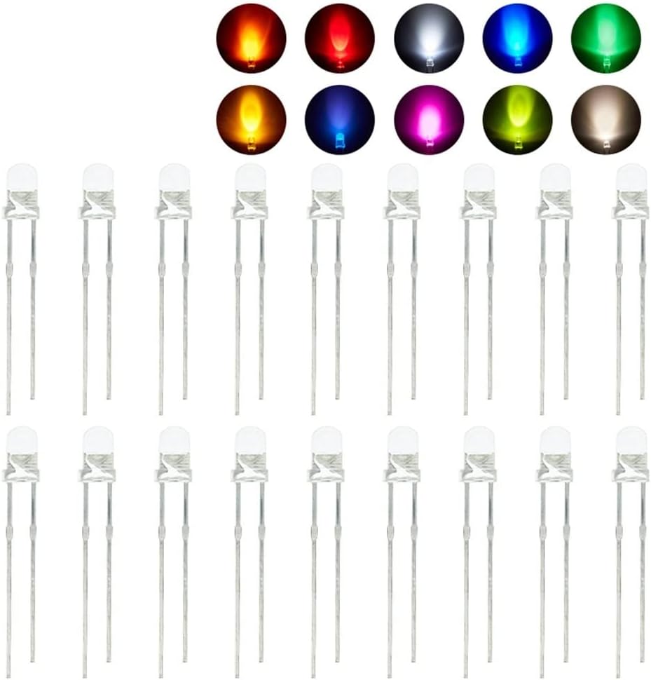 EDMER Kit de diodos emisores de luz LED de 0.118 in, 100 piezas, blanco cálido, rojo, azul, verde, UV, naranja, amarillo, rosa, juego de lámpara de
