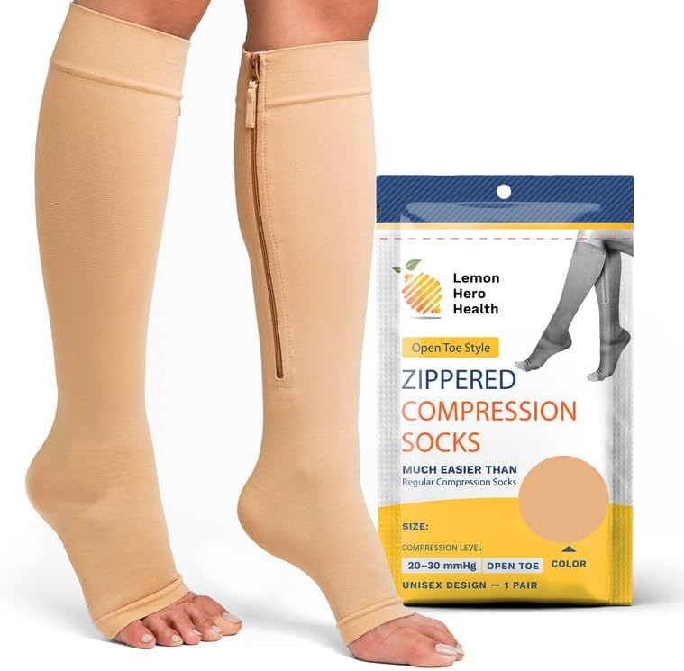 Calcetines de compresión médicos con cremallera, puntera abierta, 20-30 mmHg, medias de compresión para venas varicosas con protector de cremallera