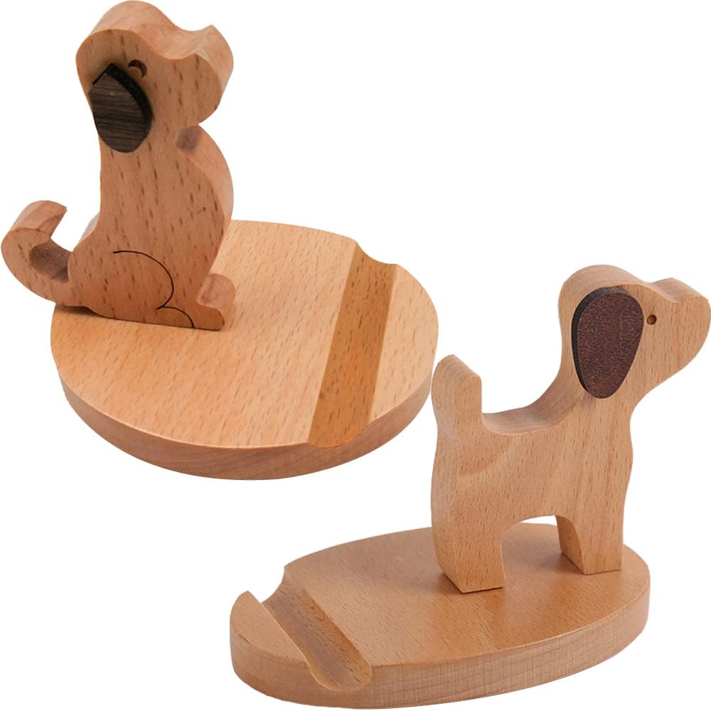 PBQOA Soporte para teléfono celular de 4 pulgadas, soporte de escritorio de madera para todos los teléfonos móviles, lindos animales, perros,