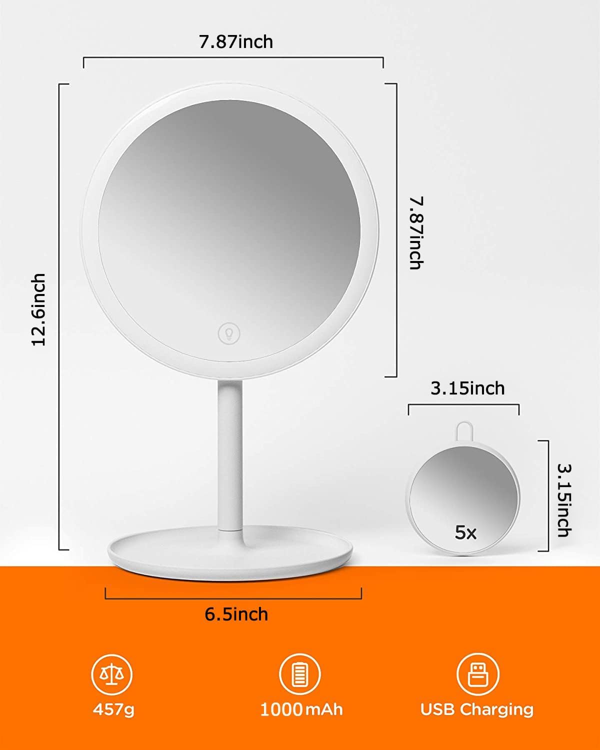 Espejo de maquillaje LED con luces, espejo de belleza iluminado con aumento 5X, iluminación de 3 colores, control táctil, espejo cosmético LED de