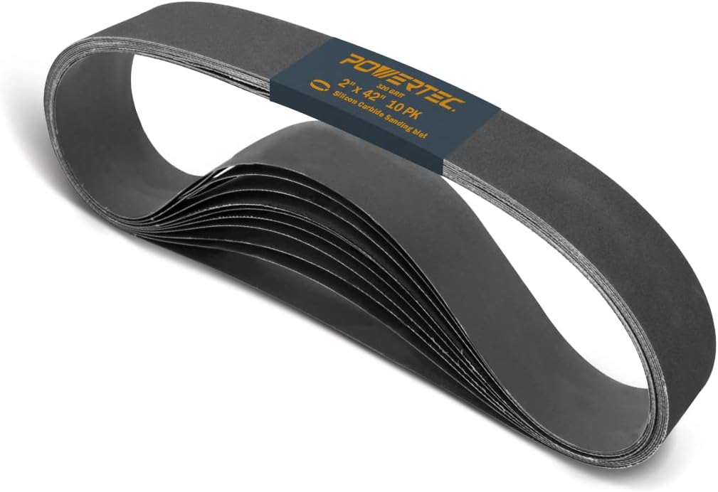 POWERTEC 424232S – Bandas de lijado de 2 x 42 pulgadas, papel de lija abrasivo de carburo de silicio grano 320, paquete de 10