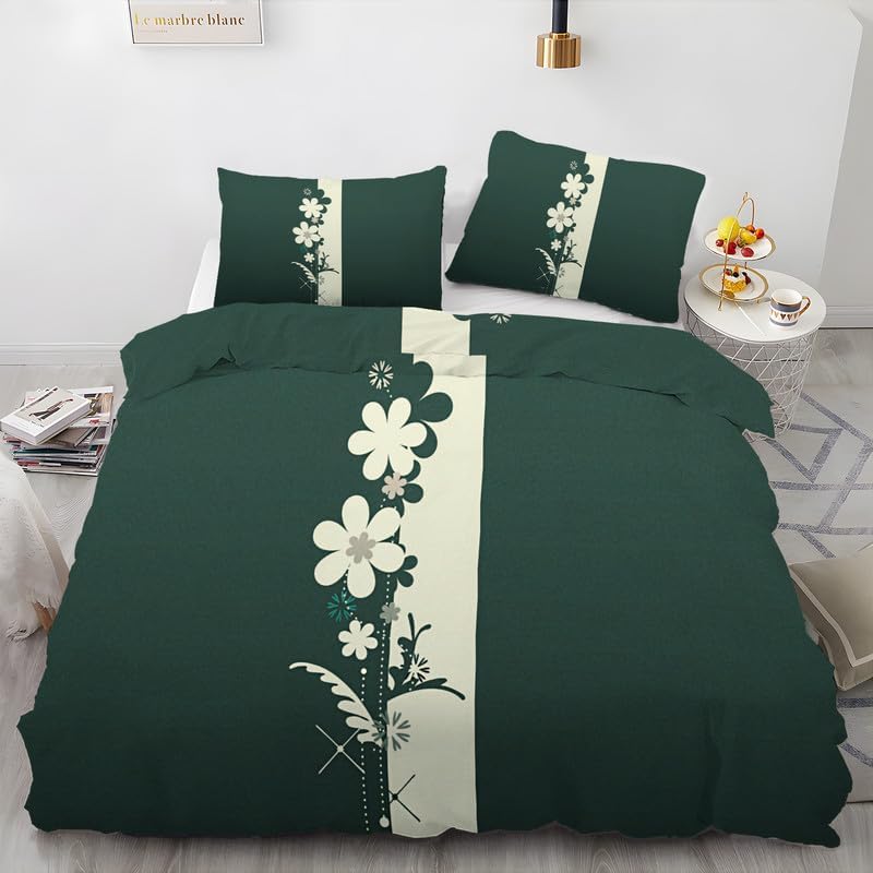 Juego de funda de edredón tamaño King con estampado floral verde oscuro, funda de edredón de microfibra suave y 2 fundas de almohada de 20 x 36