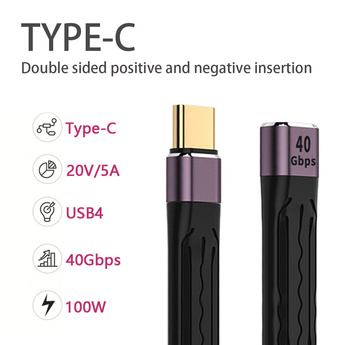 CY Cable de extensión USB4 macho a hembra de 5.1 in delgado plano macho toF 40 Gbps con carga de 100 W y 8 K a 60 Hz