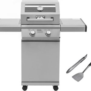 Monument Grills 14633 Parrilla de gas propano líquido de acero inoxidable de 2 quemadores con tapa de visión clara, controles LED con juego de Monument Grills 14633 Parrilla de gas propano líquido de acero inoxidable de 2 quemadores con tapa de visión clara, controles LED con juego de