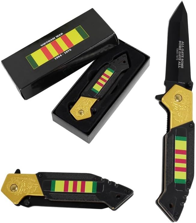 Cuchillo de bolsillo plegable de guerra de Vietnam, cuchillo de bolsillo de acero inoxidable de 4.75 pulgadas de 3.25 pulgadas con “ALL GAVE SOME,