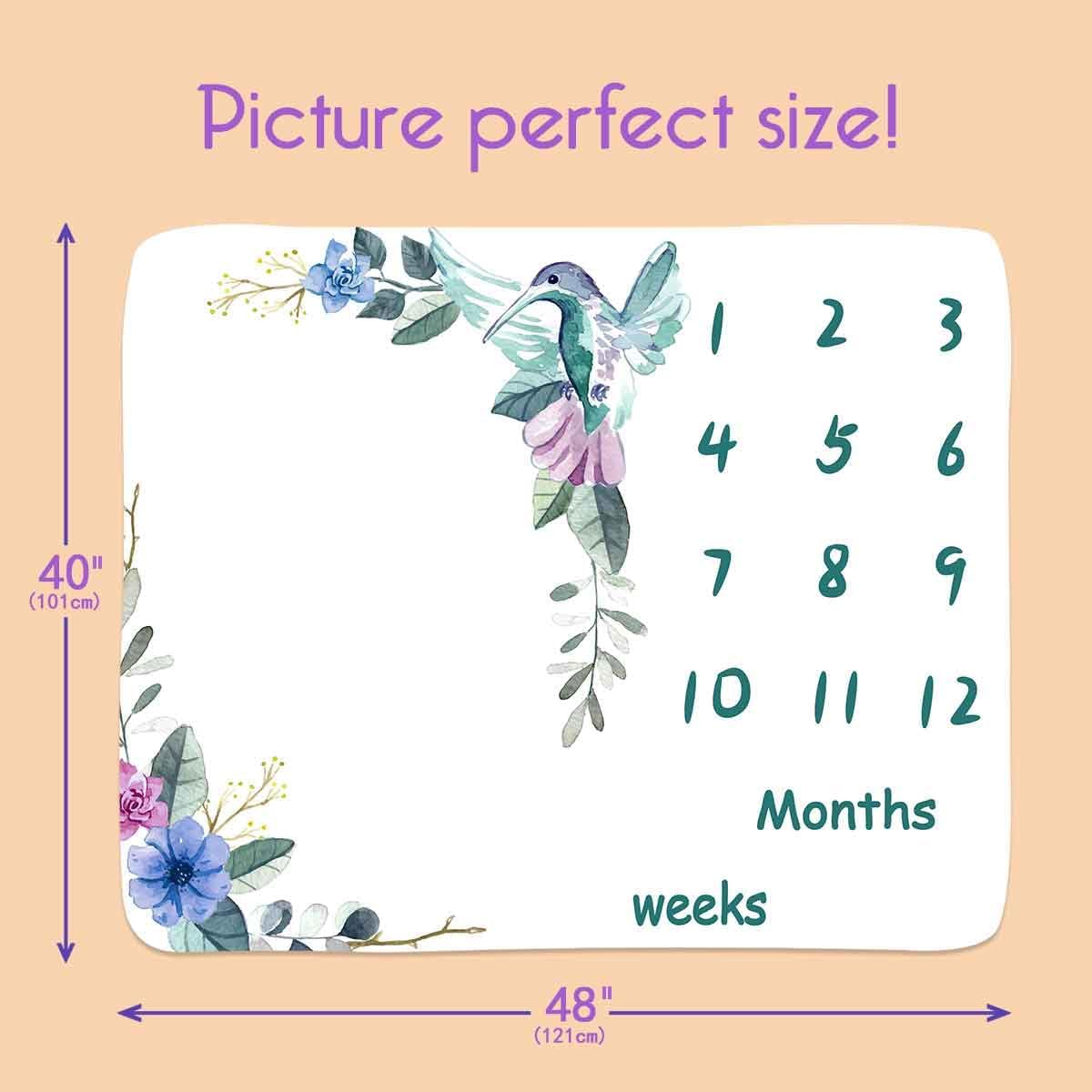 BTXTPH504 – Manta mensual de hitos para bebé, tabla de crecimiento personalizada de pájaro floral azul, fotos de bebé, 48 x 40 pulgadas, fondo de