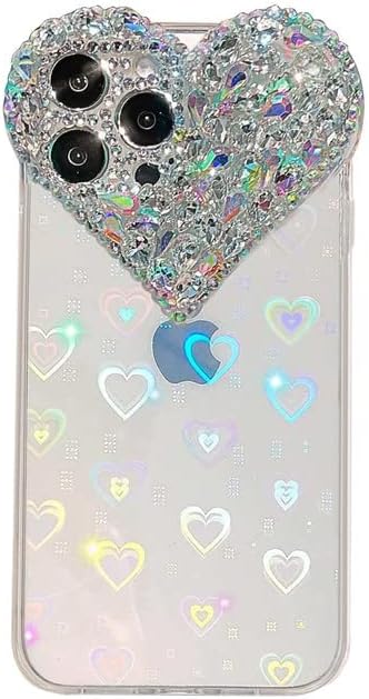 Funda transparente con purpurina compatible con iPhone 15, diseño de corazón 3D con diamantes de imitación femeninos brillantes y corazones