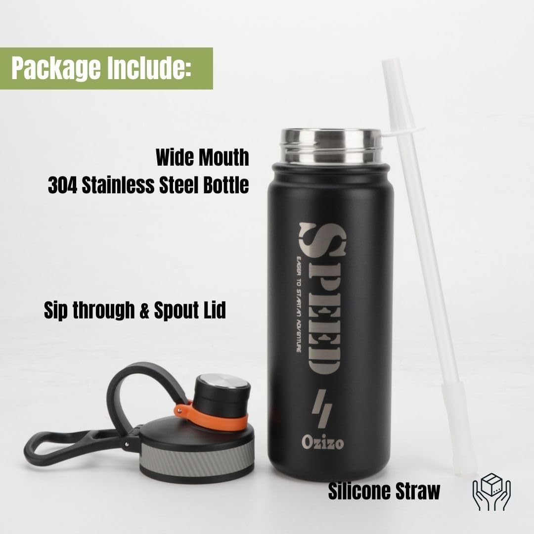 Ozizo Botella de agua deportiva aislada, tapa con popote, botella deportiva de acero inoxidable de 22 onzas, doble pared con tapa a prueba de fugas