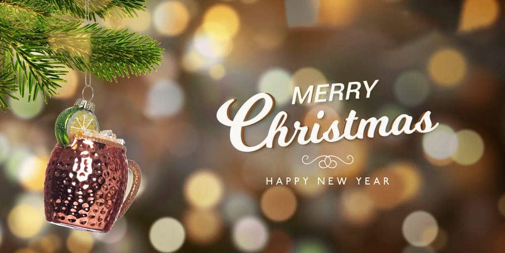 Juego de 2 adornos de Navidad soplados de vidrio soplado Moscow Mule, adornos de cóctel de vidrio soplado para decoración de árbol de Navidad
