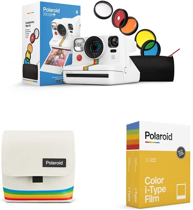 Polaroid Now+ White (9062) – Cámara de película instantánea tipo I conectada con Bluetooth con juego de filtro de lente adicional y bolsa de cámara,