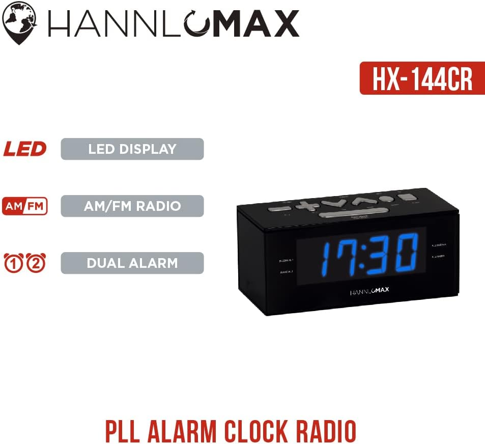 HANNLOMAX Radio despertador HX-144CR, radio PLL AMFM, pantalla LED de 1.2 pulgadas, reloj digital con alarma dual, solo operación de CA (LED