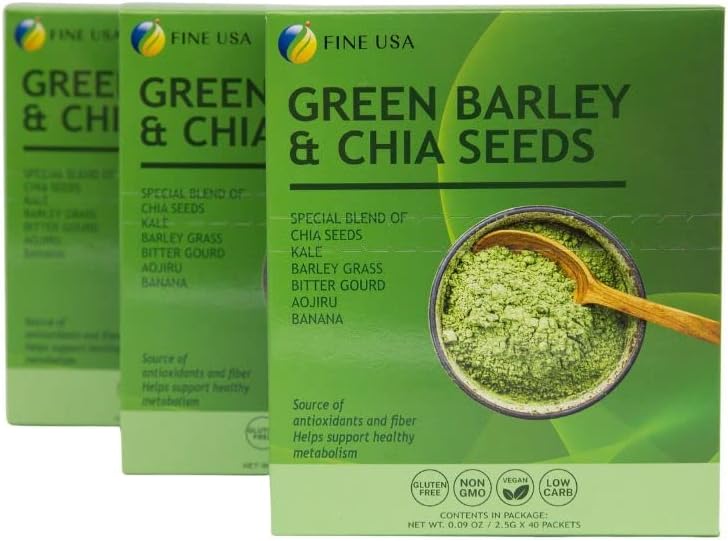FINE USA Jugo de hierba de cebada verde en polvo con semillas de chía de Japón  Mezcla de verduras con col rizada, aojiru, calabaza amarga