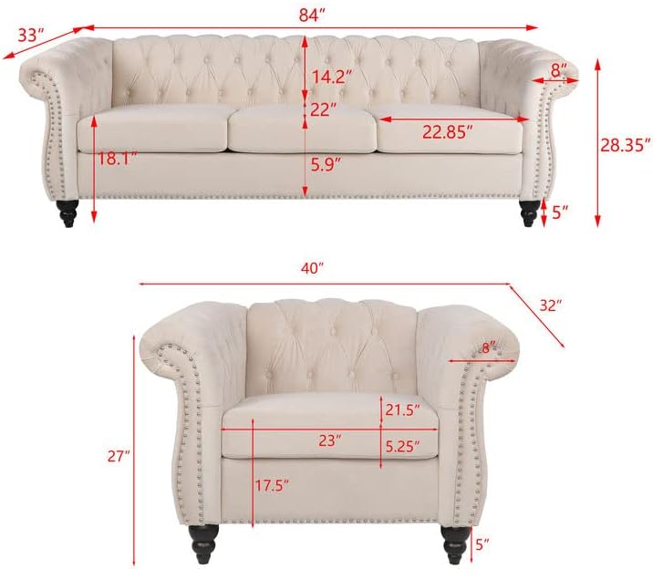 Juego de 2 muebles de sala de estar, juego de sofás Chesterfield de terciopelo Chesterfield y sillas de club Chesterfield con brazos de