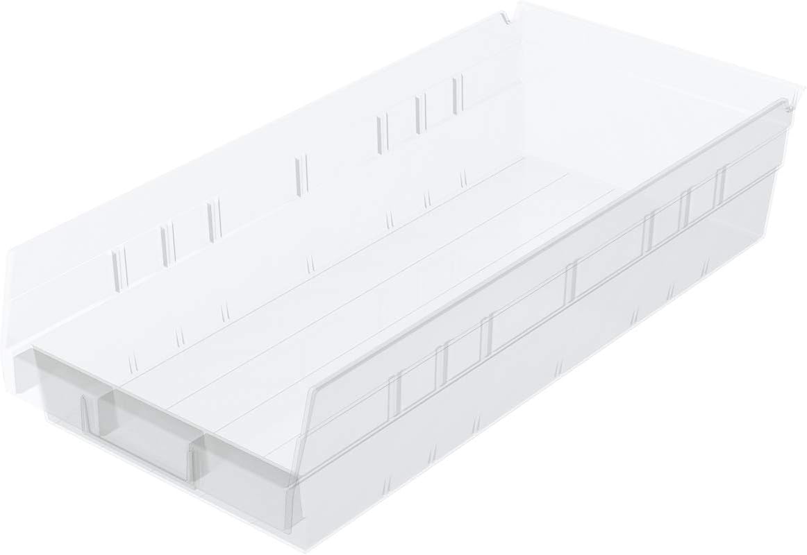Akro-Mils 30158 – Caja de plástico para estantes anidados, (18 x 8 x 4 pulgadas), transparente, (paquete de 12)