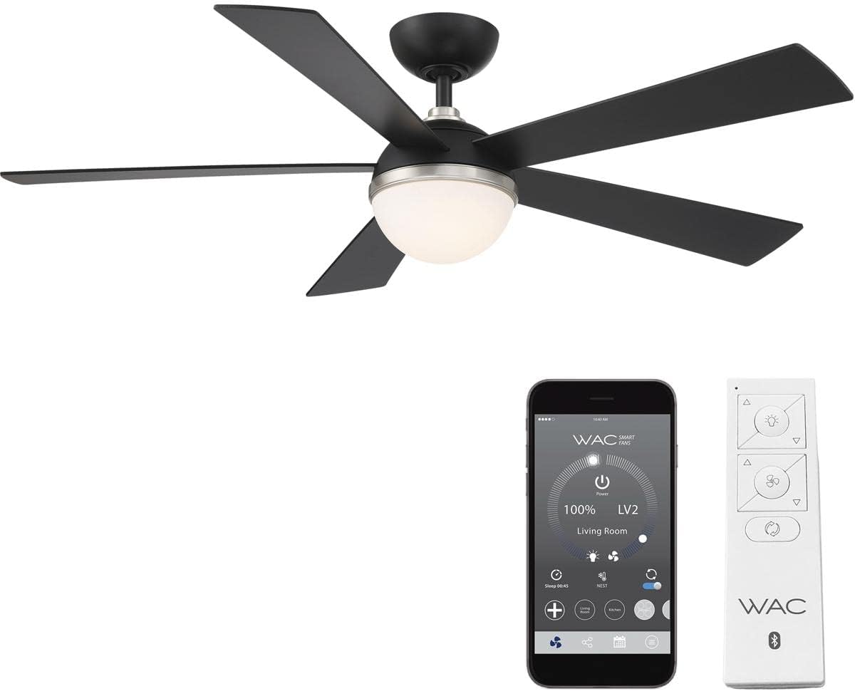 WAC Lighting Eclipse Ventilador de techo inteligente de 5 aspas para interiores y exteriores, 54 pulgadas, níquel cepillado negro mate con LED de