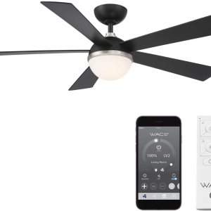 WAC Lighting Eclipse Ventilador de techo inteligente de 5 aspas para interiores y exteriores, 54 pulgadas, níquel cepillado negro mate con LED de WAC Lighting Eclipse Ventilador de techo inteligente de 5 aspas para interiores y exteriores, 54 pulgadas, níquel cepillado negro mate con LED de