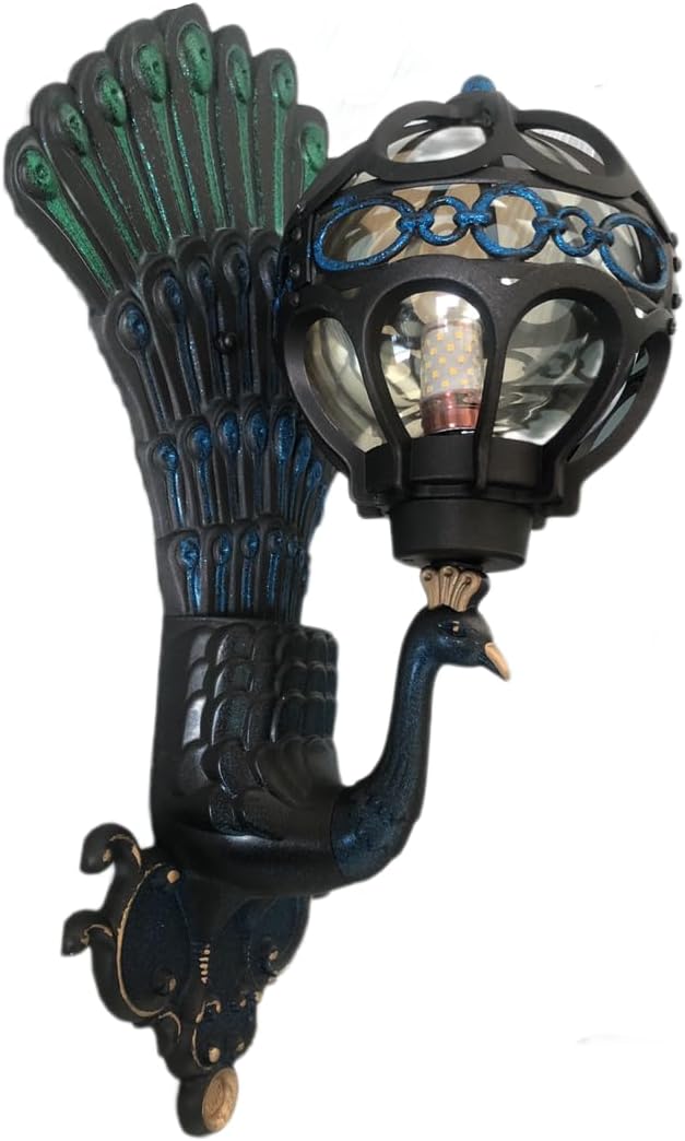 Lámpara de pared de pavo real, 21 pulgadas, decoración de arte retro antiguo, lámpara LED de pared, impermeable IP65, resistente a altas