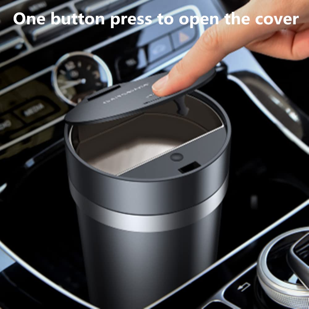 Tumecos Bote de basura para automóvil, portavasos, botella de vehículo, cubo de basura con tapa, caja de polvo y soporte para tazas (negro)