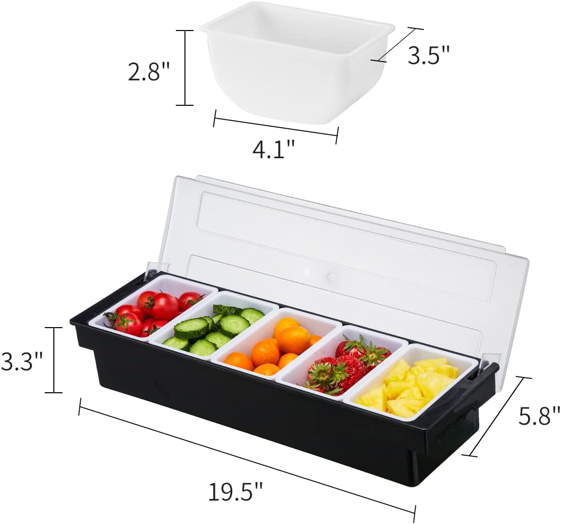 Ice Cooled Condiment Serving Container-6 Compartment Chilled Garnish Tray Bar Caddy with Hinged Lid (6 Compartments)