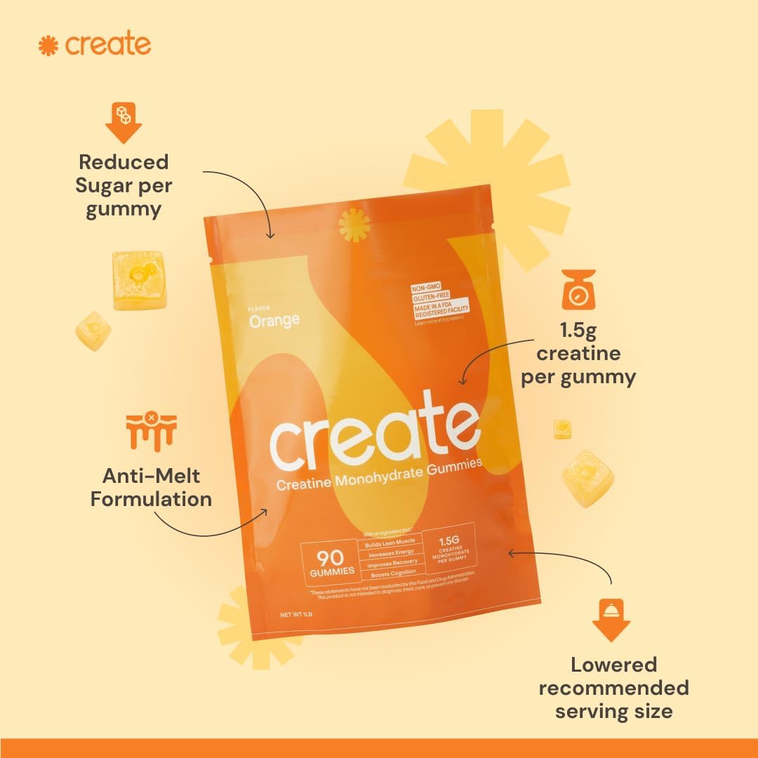Create Gomitas de monohidrato de creatina para hombres y mujeres, aumenta la concentración, la fuerza y la resistencia, fórmula antifusión, veganas,