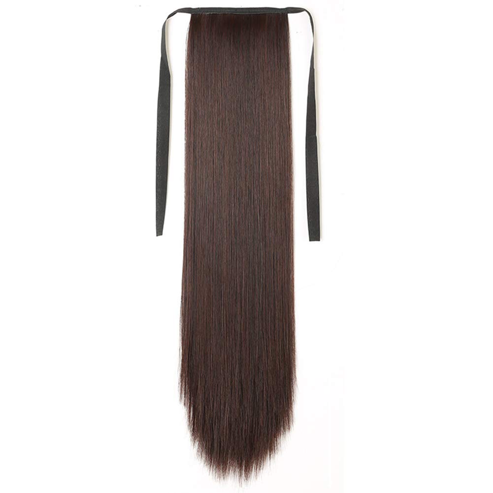 455525.6 in moda mujeres largo recto peluca cola de caballo extensión del pelo Cosplay hairpiece marrón oscuro 25.6 in