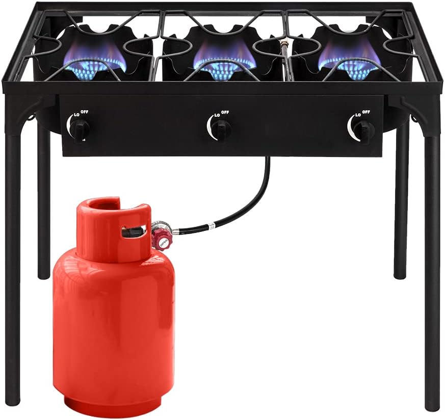 Estufa de campamento al aire libre Cocina de gas propano de alta presión quemador portátil de hierro fundido para patio (tres quemadores 225000-BTU)